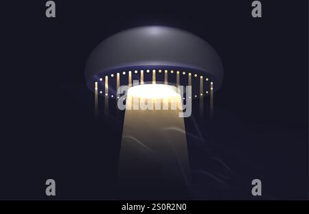 Ein außerirdisches Raumschiff strahlt Lichtstrahl am blauen Himmel aus. UFO UAP-Konzept, Unidentified Flying Object Untertasse, Cartoon-Stil. Außerirdische Besucher. Stock Vektor