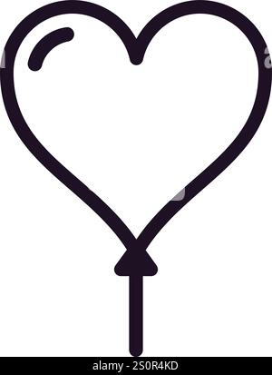 Einfache, minimalistische Liniengrafik-Illustration eines herzförmigen Ballons, der mit einer befestigten Schnur schwimmt und Liebe, Romantik und Feiern darstellt Stock Vektor