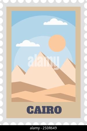Briefmarke, die die ikonischen Pyramiden von Gizeh in Kairo, Ägypten, vor einem lebendigen sonnigen Himmel mit Wolken veranschaulicht, ideal für Reisen und Stock Vektor