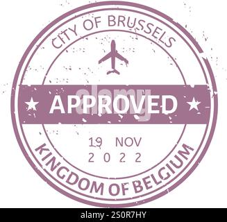 Lila Grunge-Stempel mit der Stadt Brüssel, Königreich Belgien, mit einem Flugzeugsymbol und dem Wort genehmigt, vom 19. November Stock Vektor