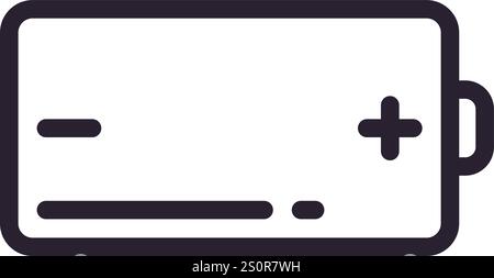 Einfaches Batteriesymbol, das einen niedrigen Ladezustand anzeigt, mit prominenten Plus- und Minuszeichen, geeignet für verschiedene Design-Projekte im Zusammenhang mit der Stromversorgung Stock Vektor
