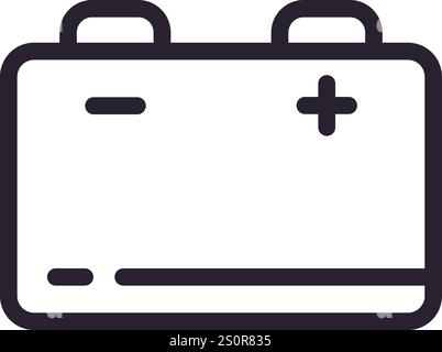 Einfache Strichzeichnung, die eine Autobatterie mit deutlich gekennzeichneten Plus- und Minusklemmen darstellt, perfekt für den Einsatz in der Automobilindustrie und im Energiebereich Stock Vektor