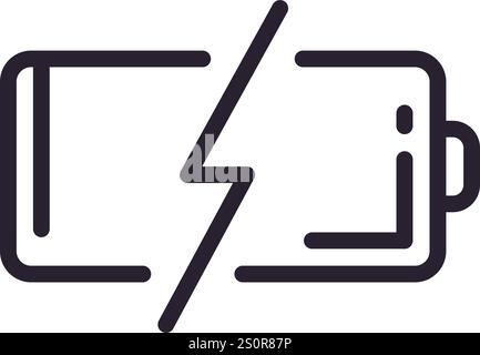 Mit einer minimalistischen schwarz-weißen Vektorgrafik eines Symbols für niedrigen Akkuladestand, das einen Ladestatus mit einem auffälligen Blitzsymbol markiert Stock Vektor