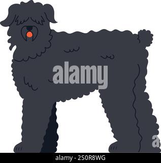 Schwarzer russischer Terrier steht mit der Zunge heraus, hecht und zeigt Zähne, langes und dickes schwarzes Fell bedeckt seinen Körper, Illustration auf weiß Stock Vektor