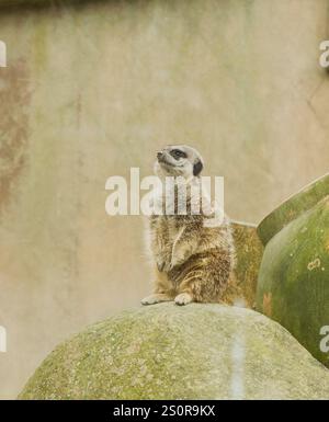 Erdmännchen sitzen tief in Gedanken auf Felsen Stockfoto