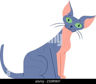 Cartoon-Illustration mit einer neugierigen sphynx-Katze, die mit großen grünen Augen sitzt und blickt, vor einem sauberen weißen Hintergrund, was sie hervorhebt Stock Vektor