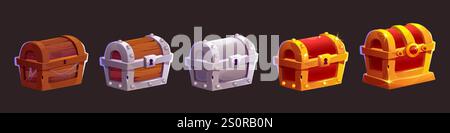 Geschlossene antike Schatzkiste aus Holz für das ui-Design auf Spielniveau. Fortschrittsschritte des mittelalterlichen Falls - Holz verlassenen mit Netz, mit silbernem Rahmen, Meta Stock Vektor