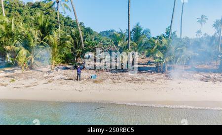 Koh Kood Thailand 20. Dezember 2024, Menschen verbrennen Abfall am Strand, Sonnenlicht filtert durch hohe Palmen auf Koh Kood, während eine Figur am Wasserrand steht, während Rauch von einem nahegelegenen Ort abdriftet Stockfoto