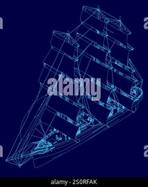 Blaue Zeichnung eines Schiffes mit Segeln. Das Schiff wird im 3D-Format gezeigt, wobei die Segel und der Rumpf des Schiffes deutlich sichtbar sind. Konzept des Abenteuers und Stock Vektor