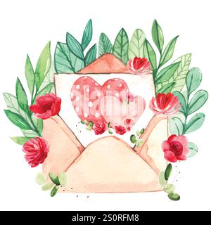 Valentinstag Aquarellfloraler Brief mit Umschlag und Herz darin, mit Herz versiegelt, mit Liebe geliefert Stock Vektor