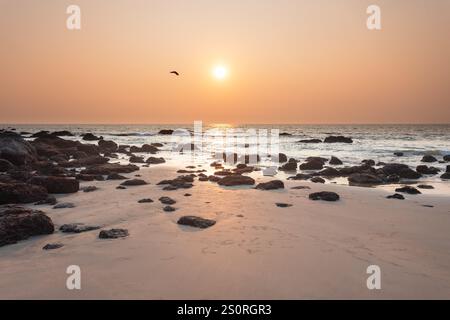 Galgibaga Strand bei Sonnenuntergang. Galgibaga oder Galgibagh Beach ist ein öffentlicher Strand in der Nähe des Palolem Strandes in South Goa in Indien. Stockfoto