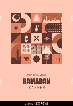 Ramadan Mubarak Postkarte. Minimales Vintage-Poster mit geometrischem Design der 20er Jahre mit beigefarbenen Elementen traditioneller Formen. Geometrisches Muster für Neugeborene. Vektor Stock Vektor