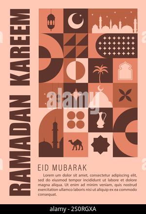 Ramadan Kareem. Eid Mubarak. Minimales Vintage-Poster mit geometrischem Design der 20er Jahre mit beigefarbenen Elementen traditioneller Formen. Geometrisches Muster für Neugeborene. Vektor Stock Vektor