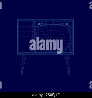 Blaue Zeichnung eines Fernsehers. Der Fernseher steht auf einem Standfuß und ist ausgeschaltet Stock Vektor