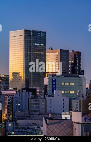 Tokio, Japann - 15. Dezember 2024 - Blick auf die Hochhäuser am frühen Morgen Sonnenaufgang vor klarem blauem Himmel mit goldenen Sonnenaufgangsfarben Stockfoto