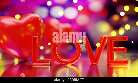 Valentinstag. Rote Herzen und LIEBETEXT auf Bokeh Lichtern Hintergrund, Liebeskonzept, 3D-Rendering Stockfoto