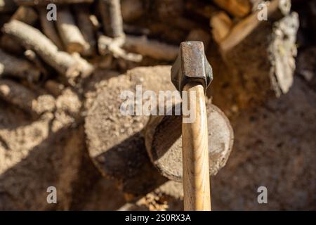 Top-down-Ansicht einer Axt in einem Baumstamm zum Feuerholz-Hacken Stockfoto