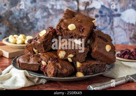 Schokoladen-Brownies mit Macadamia-Nuss und getrockneten Preiselbeeren Stockfoto