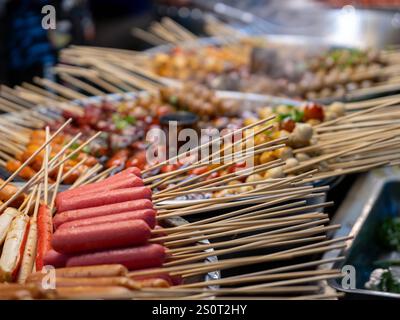 Gedünsteter Topf mit Fleischbällchen und Würstchenspießen in scharfer roter Sauce. Asiatisches Street Food Thailand. Stockfoto