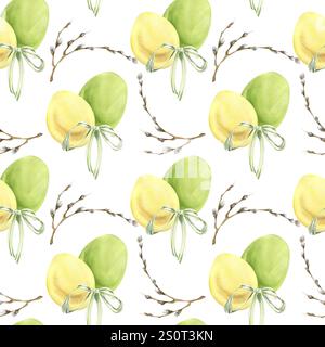 Traditionelles nahtloses Ostermuster mit Weidenzweigen, bunten Eiern mit Schleifenaquarell-Illustration verziert. Handgezeichneter festlicher Hintergrund für h Stockfoto