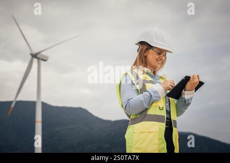 Eine erfahrene Ingenieurin überwacht Windturbinen mit einem Tablet, um eine optimale Leistung zu gewährleisten. Ihre Expertise ist für Fortschritte im Bereich erneuerbare Energien von entscheidender Bedeutung Stockfoto