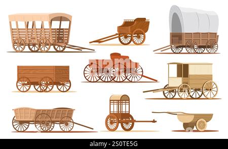 Oldtimer-Wagen. Retro-Holzfahrzeuge. Cartoon Schubkarren und Karren. Westliche rustikale Kutschen. Wilde westliche Frachtwagen. Fahrgastwagen. Holz Stock Vektor