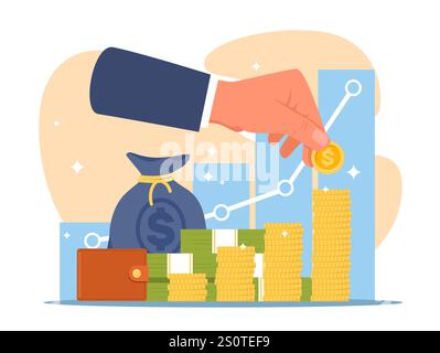 Hand legt Münzen in Stapel. Geschäftsdiagramme. Finanzprognosen. Erfolgreicher Start. Geld berechnet und steigert Gewinne. Wirtschaftswachstum. Finanzen Stock Vektor