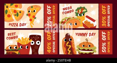 Rabattgutscheine für Fast Food. Hot bietet Designvorlagen für Coupons. Streetfood-Banner mit Verkauf. Zusammengesetzte Mahlzeiten. Aktionstickets. Flyer für Pizza oder Burger Stock Vektor
