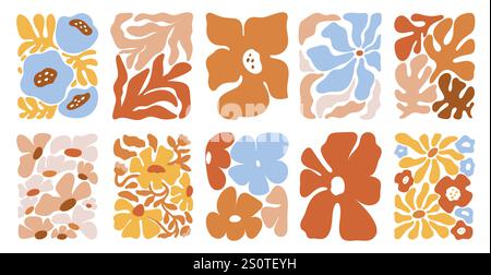 Abstrakte moderne Blumen. Groovige botanische Kunst. Dekorative Pflanzenelemente. Florale Kompositionen. Organischer, kreativer Druck im Matisse-Stil. Retro-Hippie-Blüte Stock Vektor