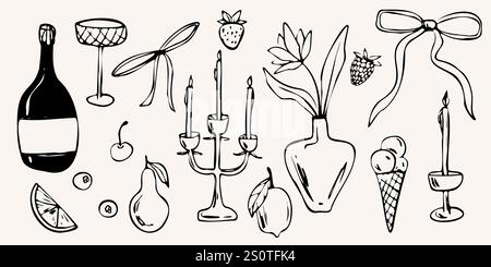 Handgezeichnete Vektorgrafik. Weinflaschen, Früchte, Kerzen und dekorative Elemente im minimalistischen Skizzenstil. Die Schwarzweißkontur für Stock Vektor