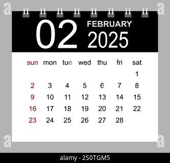 Februar 2025. Vektor-Monatskalendervorlage 2025 Jahre im einfachen Stil für das Vorlagendesign. Die Woche beginnt am Sonntag. Stock Vektor