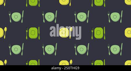 Nahtlose Besteck Muster Hintergrund - Reihen von vielen Retro Stil Hand gezeichnete Gabel, Löffel, Messer und Platte Symbole von verschiedenen Farben - Vektor Illustration Stock Vektor