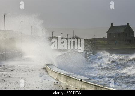 Prestwick, Großbritannien. Dezember 2024. Starke Winde von bis zu 50 km/h und Böen, die voraussichtlich stärker sind, weht vom Firth of Clyde zur Prestwick Promenade, Ayrshire, Schottland, Großbritannien Credit: Findlay/Alamy Live News Stockfoto