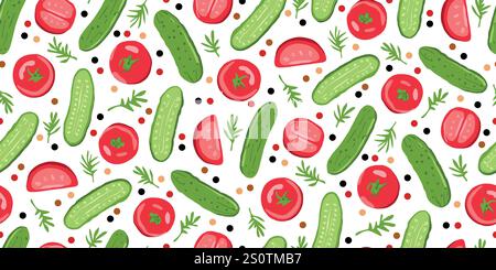 Tomaten und Gurken Vektor nahtlose Muster mit hellen bunten Gemüse Stock Vektor