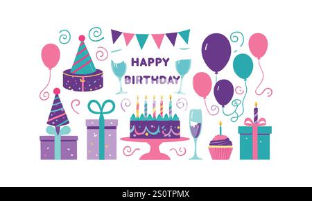 Moderne Vektor-Illustration mit Happy Birthday-Elementen, leicht bearbeitbar. Stock Vektor