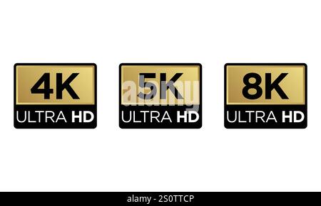 Goldenes Logo mit 8K-, 4K-, 5K-Ultra-HD-Videoauflösung; High Definition-TV-/Spielbildschirm-Display-Label Stock Vektor