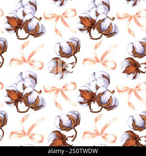 Trockene Baumwollbälle und Seidenband. Nahtloses Muster, handgezeichnete Aquarellillustration. Für Dekor, Design, Textil, Druck, Tapeten. Stockfoto