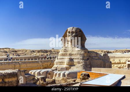 Die Sphinx in Gizeh, berühmtes Weltwunder in der Nähe von Kairo, Ägypten. Wunderschöne Sphinx-Statue auf Gizeh-Plateau Kairo Ägypten *** die Sphinx in Gizeh, berühmt Stockfoto