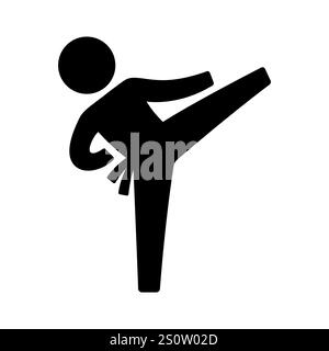 Symbol der Kampfkunst. Karate- oder Taekwondo-Silhouette mit hohem Kick. Einfache Stabfigur Personenkontur, Schwarzweiß-Vektor-Illustration. Stock Vektor