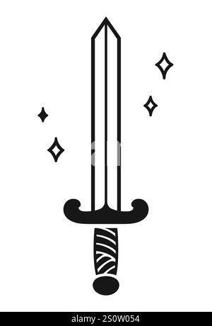 Schwarz-weiße Schwertzeichnung mit Glitzern. Elegantes Schwarzweiß-Tattoo-Design. Vektorabbildung. Stock Vektor