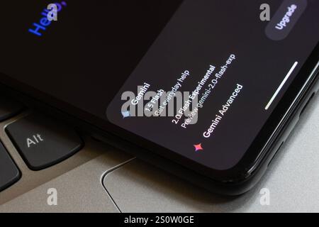 Gemini 2,0 Flash Experimental Modus ist unter den Optionen zu sehen, die die Google Gemini App auf einem Telefon bietet. Google stellt Gemini 2,0 Flash Thinking-Modus vor. Stockfoto