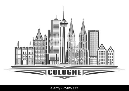 Vektorillustration von Köln, monochrome horizontale Karte mit linearem Design kölner Stadtlandschaft, europäisches Urban Line Art Konzept mit dekorativem Llett Stock Vektor