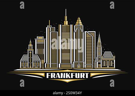 Vektorillustration von Frankfurt, dunkle horizontale Karte mit linearem Design berühmte frankfurter Stadtlandschaft auf nächtlichem Himmelhintergrund, europäische Stadtlinie Stock Vektor