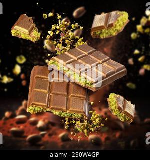 Leckere Schokoladentafeln mit Pistazienfüllung, die auf dunklem Hintergrund explodiert Stockfoto