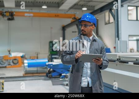 Afroamerikanischer Ingenieur mit Blauhelm und Schutzbrille, der ein Bedienfeld bedient, industrielle Prozesse steuert und automatisiert. Stockfoto