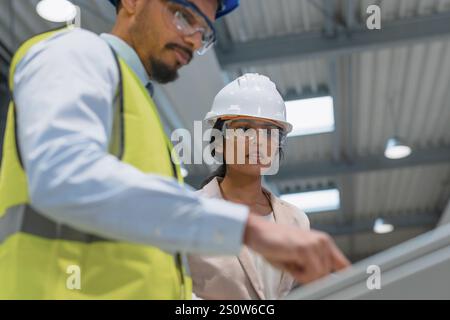 Die indische Betriebsleiterin trainiert einen afroamerikanischen männlichen Mitarbeiter in einem blauen Helm und einer gelben Weste, um Maschinen zu bedienen. Stockfoto