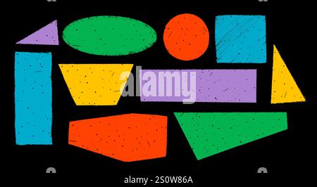 Einfache strukturierte Formen im rauen rustikalen Stil. Handgezeichnete geometrische Figuren mit Vintage-Muster für dunklen Hintergrund. Handgezeichneter Infografik-Vektor Stock Vektor
