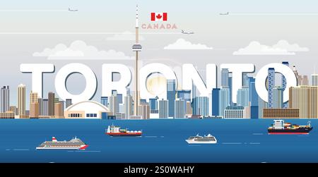 Bunte Vektor-Illustration der Stadt Toronto mit dem großen Namen der Stadt auf dem Hintergrund. Reiseposter Stock Vektor