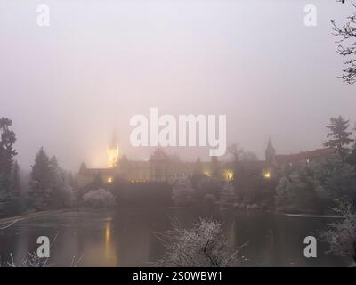 Die nebelige abendliche Winterlandschaft ohne Schnee der Burg Pruhonice und des Teichs Podzamecky im Pruhonice Park am Stadtrand Prags, Tschechische Republik, Stockfoto