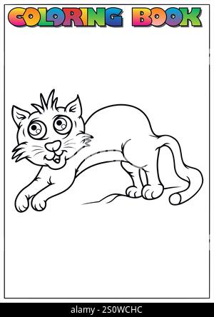 Eine Zeichentrickkatze, die in verspielter Pose den Rücken wölbt und Kinder einlädt, sie zu malen und zum Leben zu erwecken. Stock Vektor